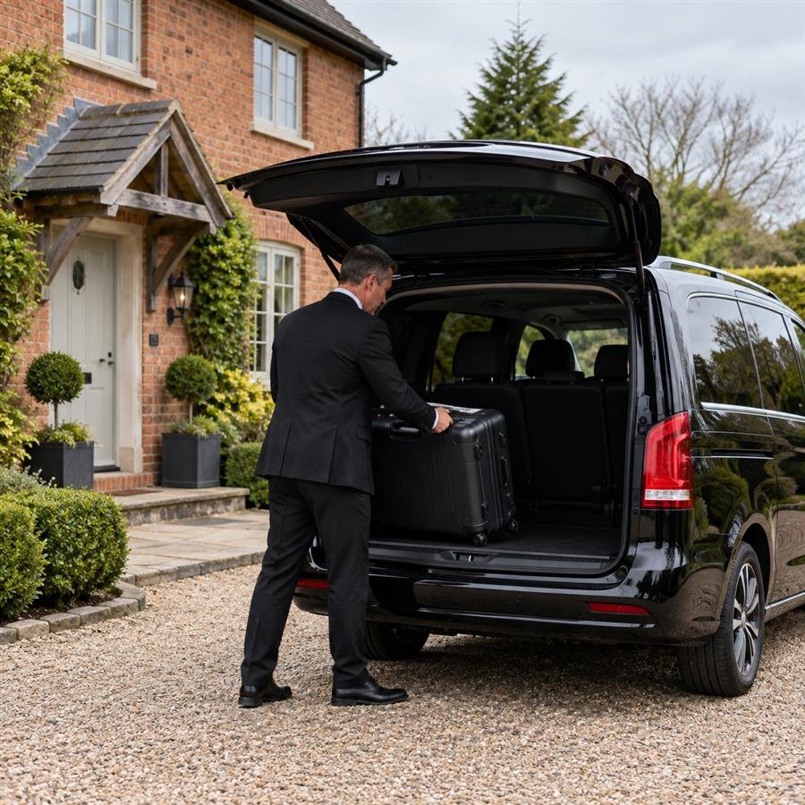 Driver loading a suitcase into a black taxi outside a brick house