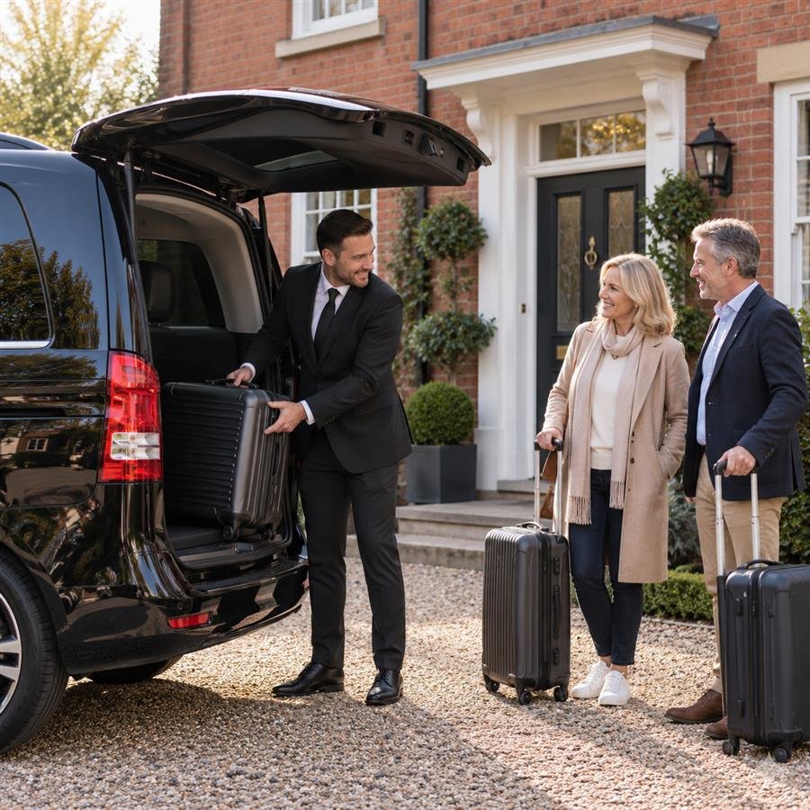 Driver helping passengers with luggage beside a black taxi outside a brick house