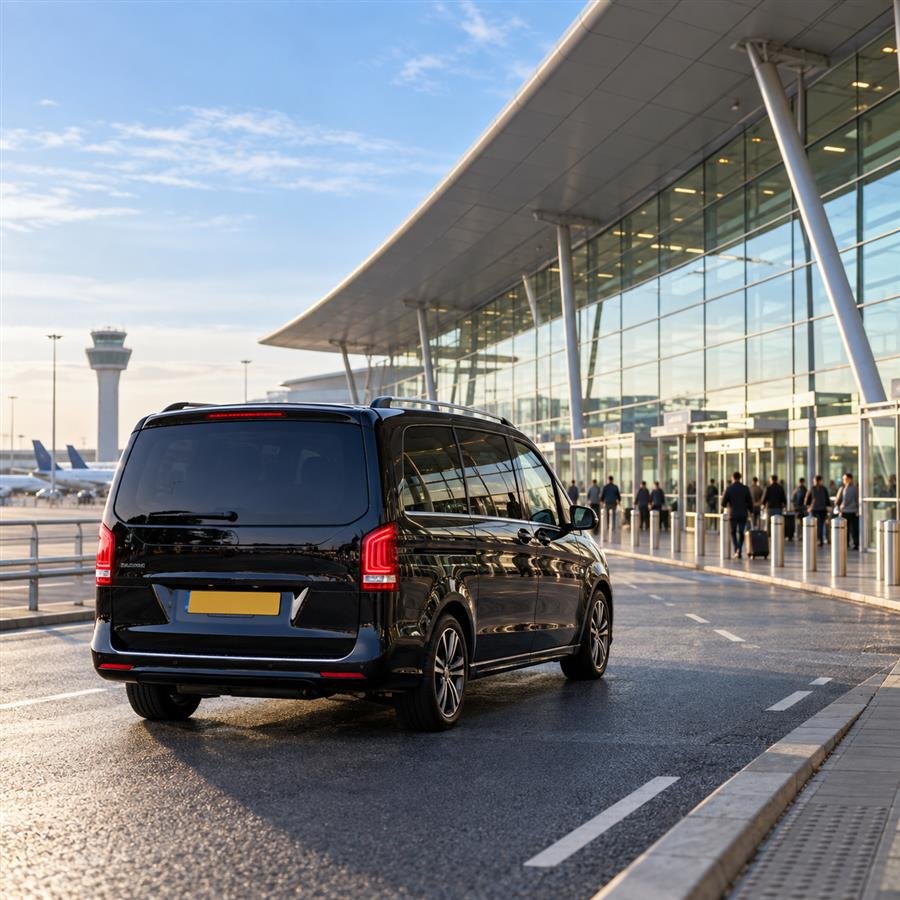 Black airport taxi approaching a glass departure terminal