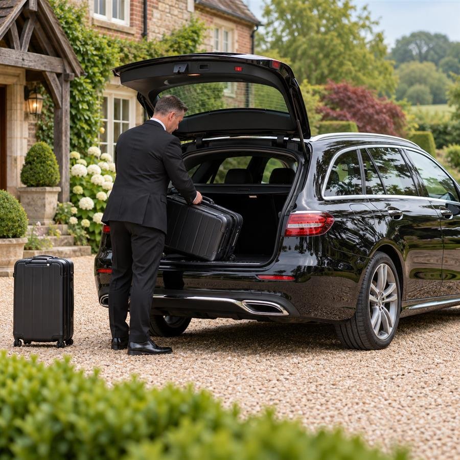 Driver loading luggage into a black estate taxi outside a country guesthouse