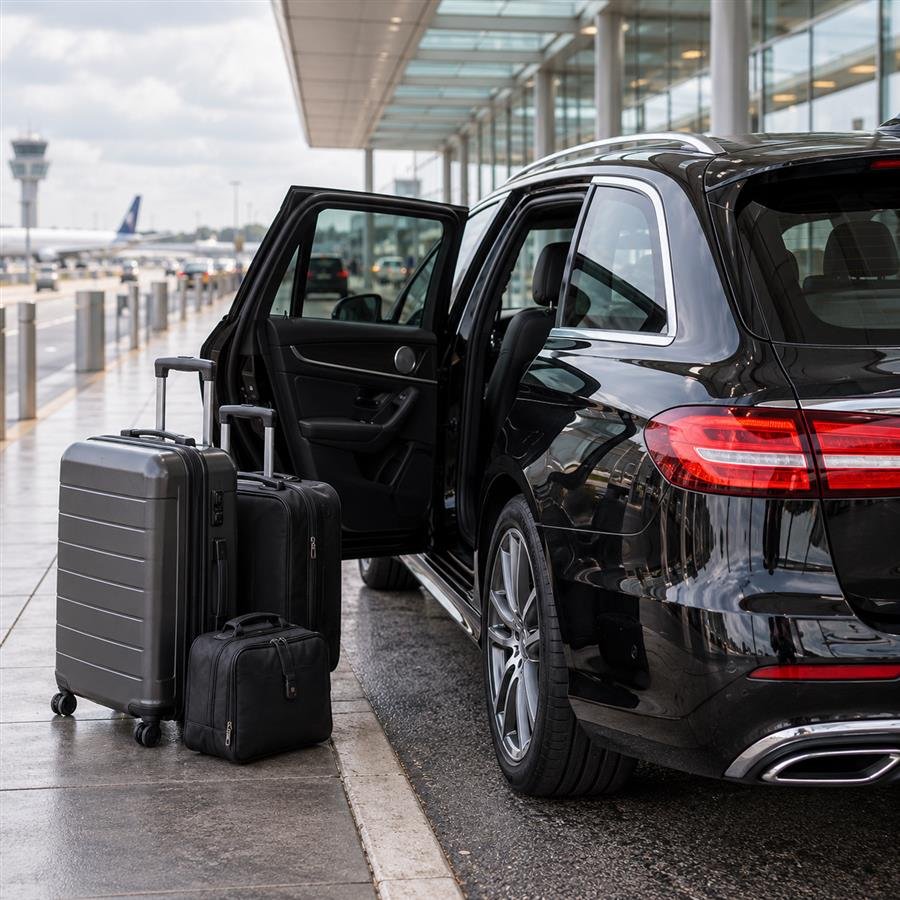 Black estate taxi beside luggage at an airport drop-off shelter
