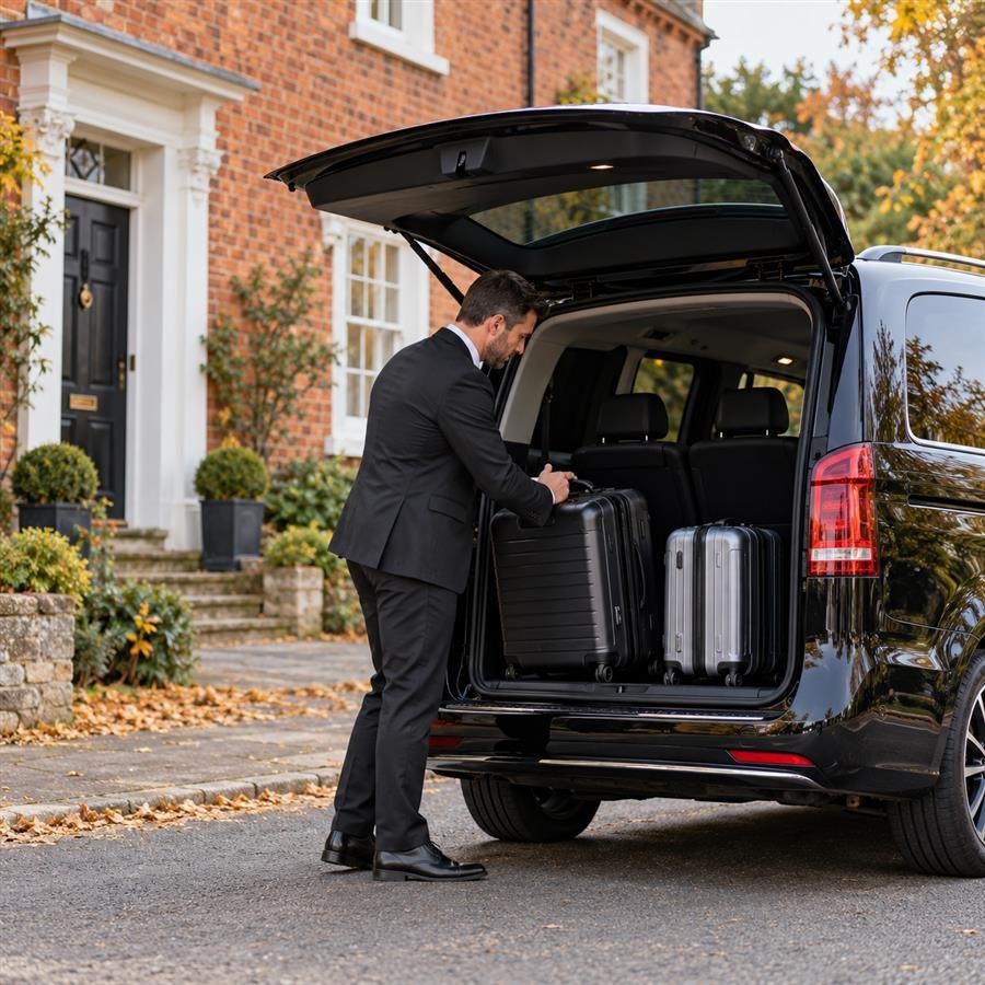 Driver putting suitcases into a black taxi outside a traditional brick house