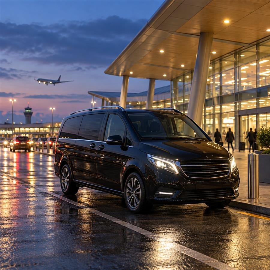 Black airport taxi outside a lit terminal in the evening
